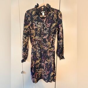 H&M Black Long-Sleeve Floral Tie-Waist Dress